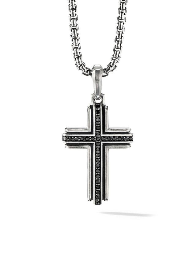 Mens Pav Black Diamond Sterling Silver Deco Cross Pendant Product Image