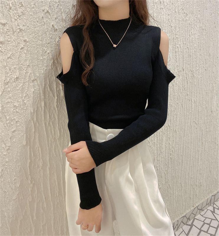 Cold-Shoulder Long-Sleeve Plain Ribbed Knit Top Product Image