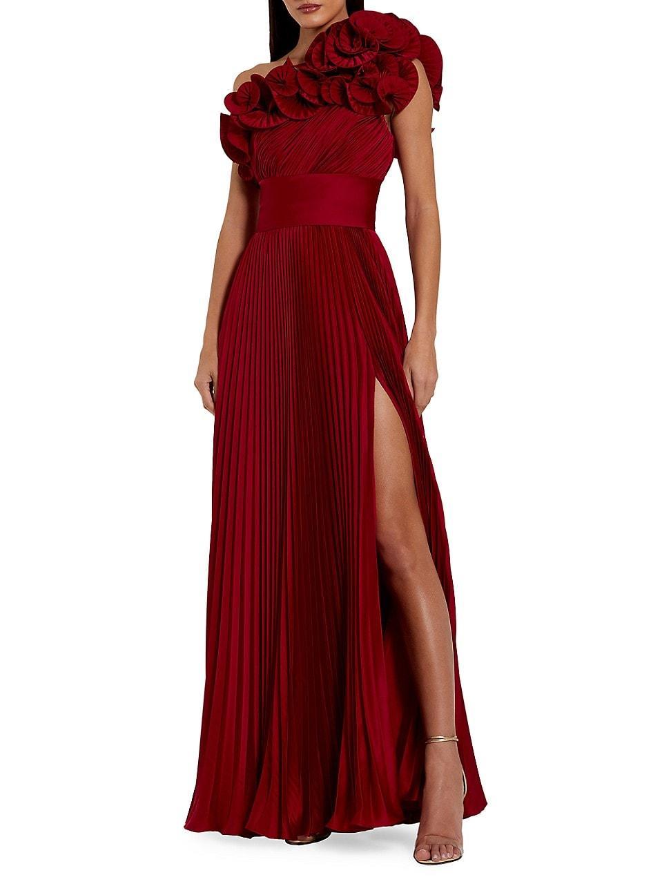 Womens Pleated Charmeuse Ruffle One-Shoulder A-Line Gown Product Image