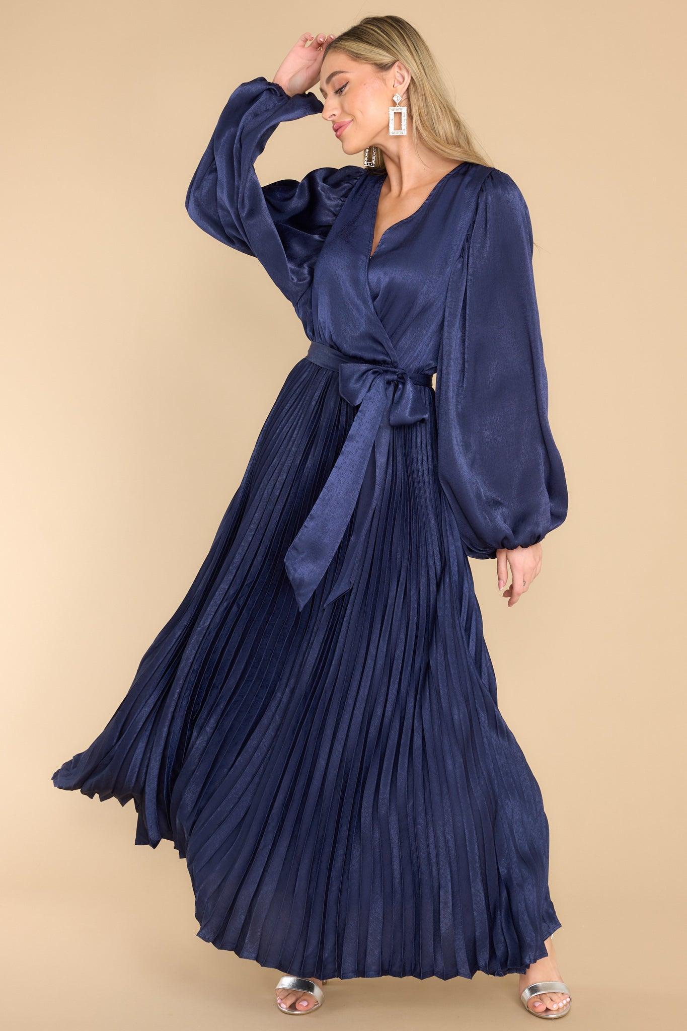 Aura Sugarplum Charm Navy Pleated Maxi Dress Product Image