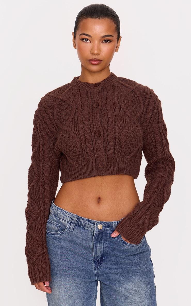 Chocolate Chunky Cable Knit Extreme Cropped Cardigan product image