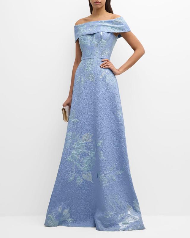 Off-Shoulder Metallic Flower Jacquard Gown Product Image