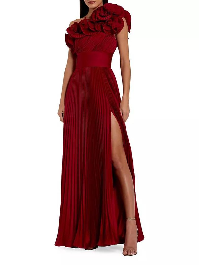 Pleated Charmeuse Ruffle One-Shoulder A-Line Gown Product Image