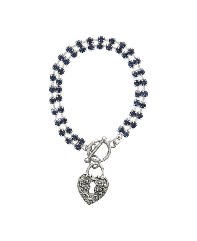 1928 Silver Tone Blue Crystal Heart Padlock Toggle Bracelet, Womens Product Image