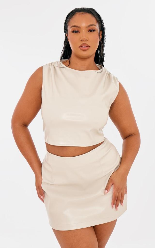 Plus Cream Faux Leather Ruched Shoulder Detail Crop Top Product Image