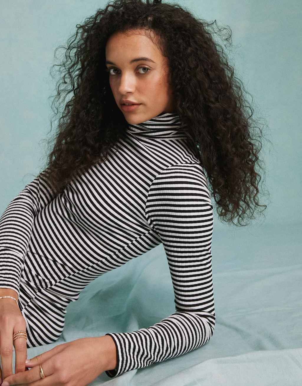 Miss Selfridge turtleneck mini dress in black and white mono stripe Product Image