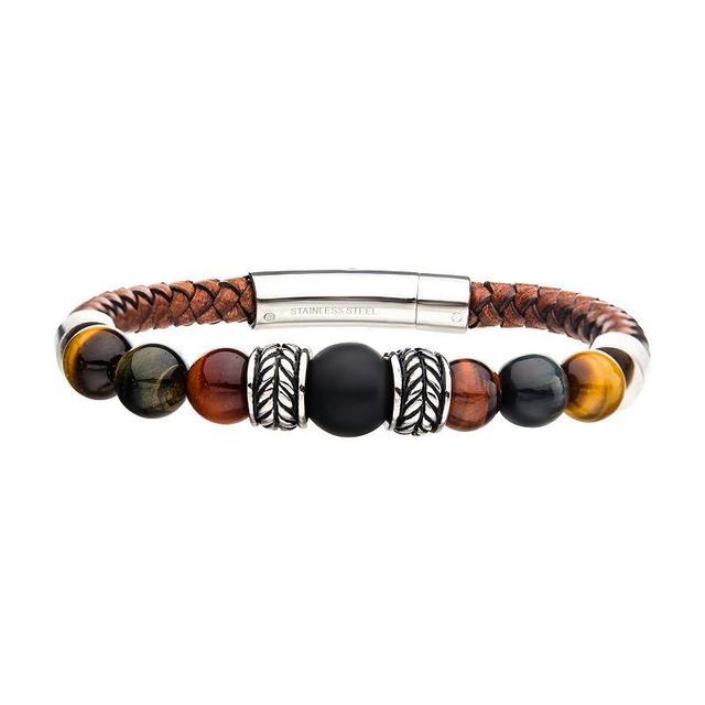 Mens Leather Tiger Eye & Onyx Beaded Bracelet Silver Tone Product Image