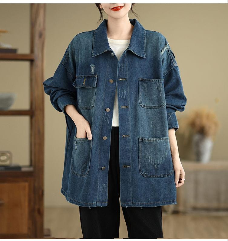 Distressed Washed Denim Single-Breasted Jacket Product Image