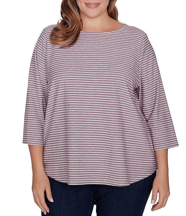 Ruby Rd. Plus Size Stripe Print Knit Crew Neck 3/4 Sleeve Top Product Image