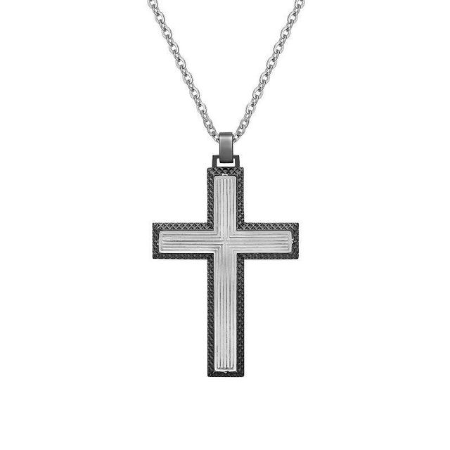 Mens LYNX Gray Ion-Plated Stainless Steel Cross Pendant Necklace Grey Product Image