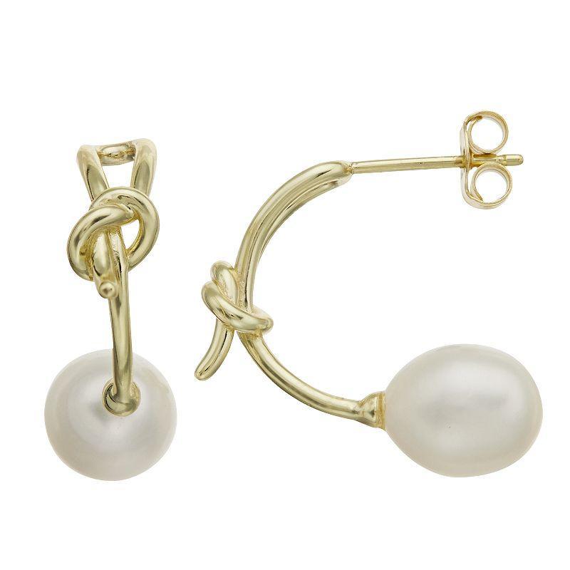 14k Gold-Plated Silver with Cultured Freshwater Pearl Love Knot Half-Hoop Earrings, Womens, Yellow Product Image