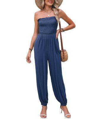 Cupshe Womens Blue Smocked Bodice Tube Top Tapered Leg Jumpsuit Product Image