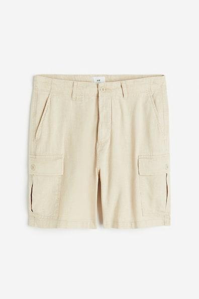 H & M - Regular Fit Linen-blend Cargo Shorts - Beige Product Image