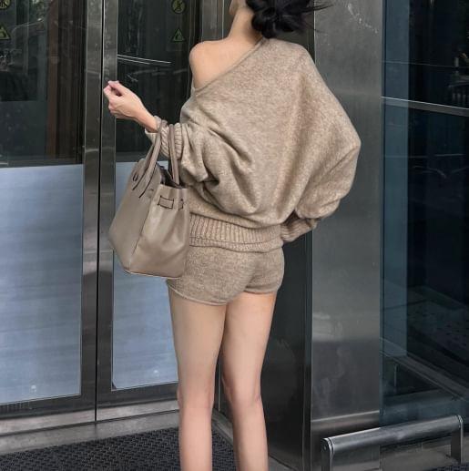 Off-Shoulder Melange Sweater / Mid Rise Knit Shorts Product Image