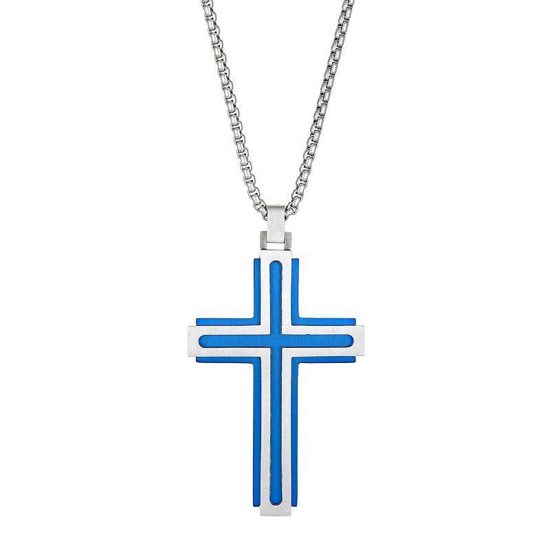 LYNX Mens Blue Ion-Plated Stainless Steel Cross Pendant Necklace Two Tone Product Image