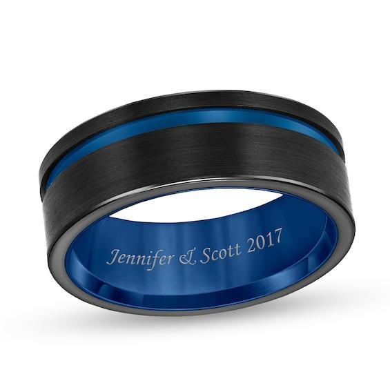 Triton Men's 8.0mm Engravable Brushed Groove Comfort-Fit Wedding Band in Black and Blue Tungsten (1 Line) Product Image