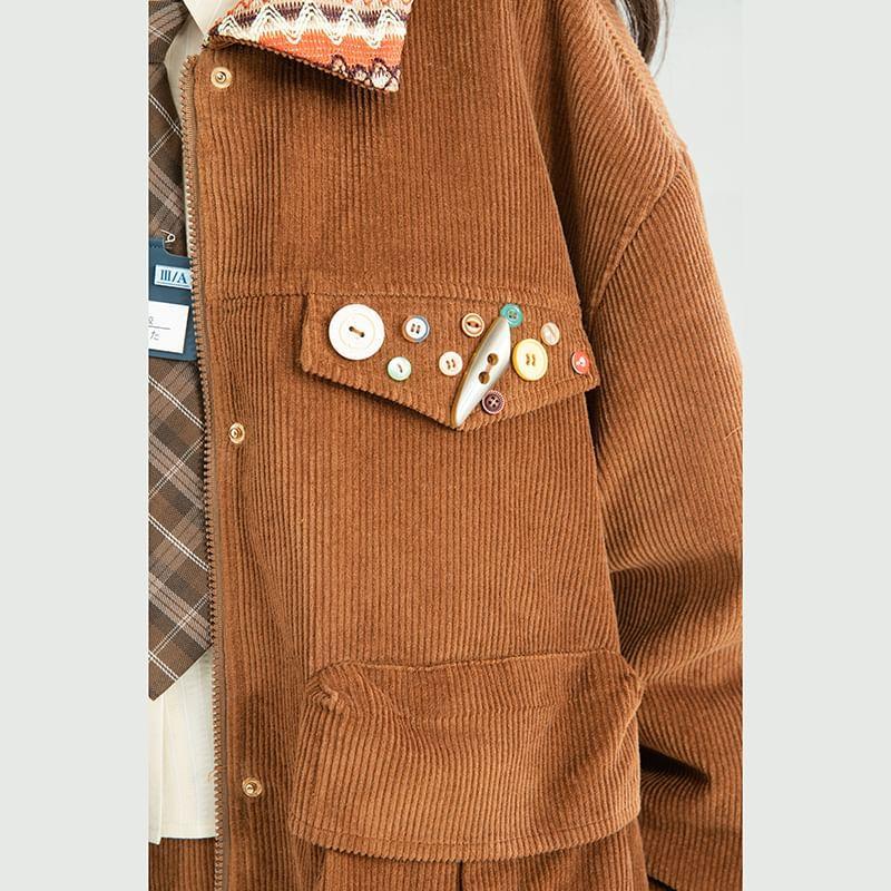 Lapel Collar Patterned Corduroy Patchwork Zip Jacket Product Image