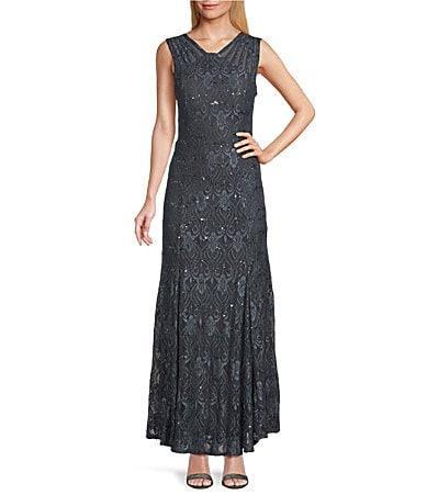 R  M Richards Illusion Shoulder High V-Neck Sleeveless Lace Sheath Gown Product Image