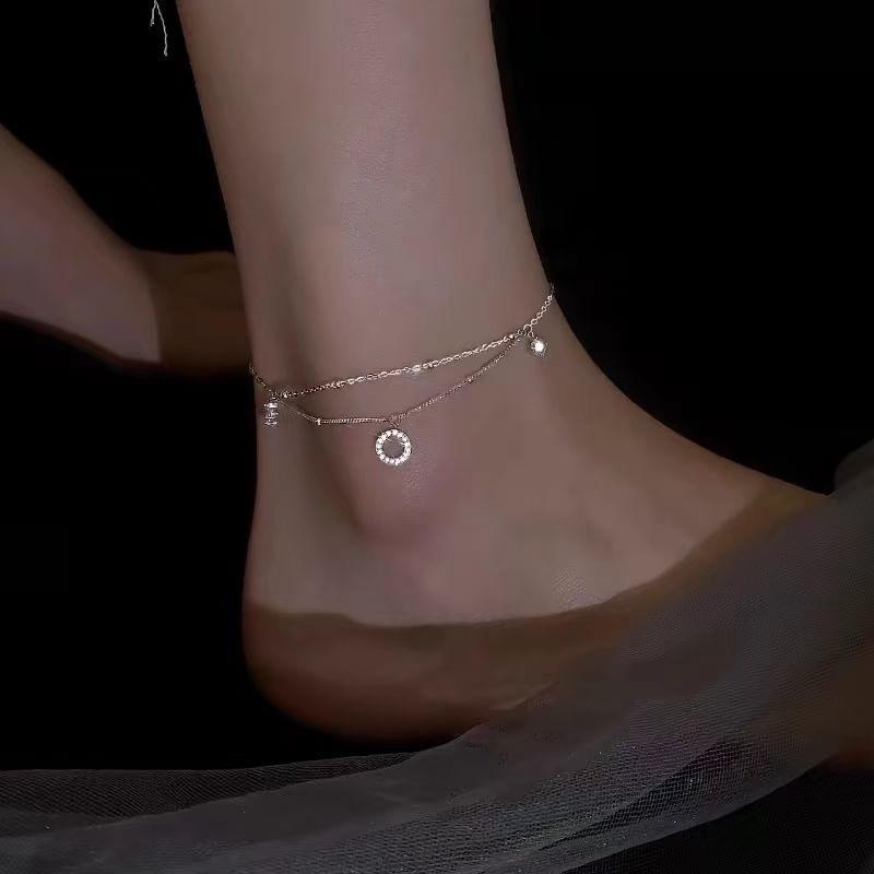 925 Sterling Silver Rhinestone Layered Anklet Product Image