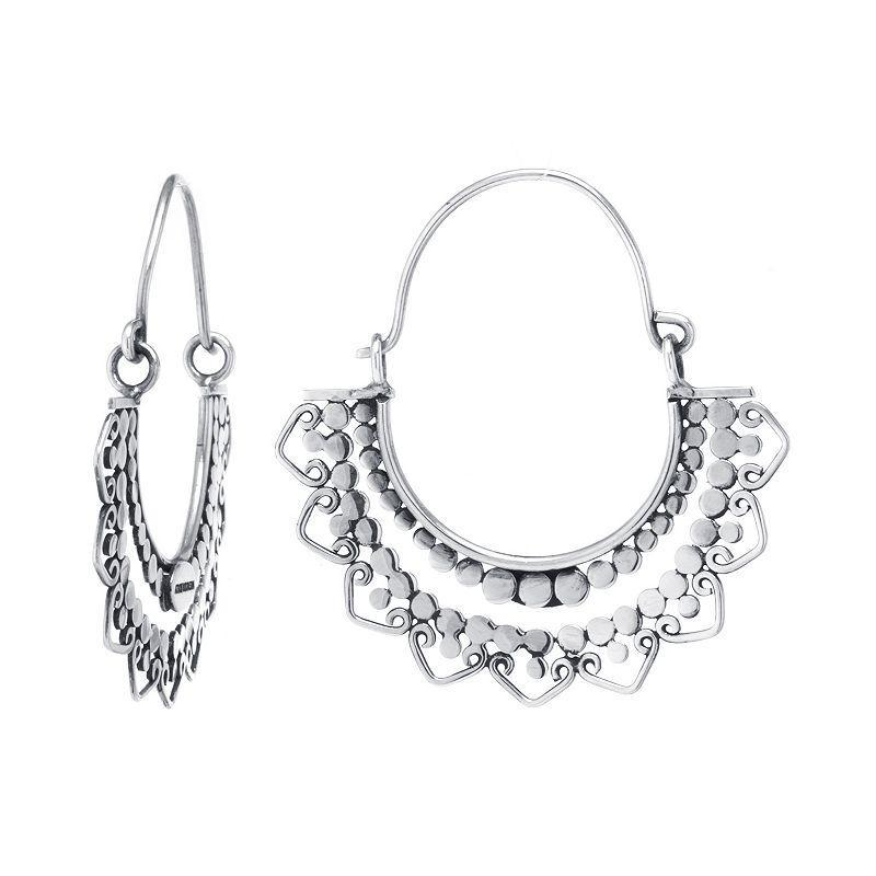 Athra NJ Inc Sterling Silver Oxidized Beaded Fan Design Hoop Earrings, Womens Product Image