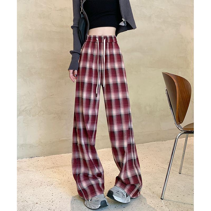 Drawstring Waist Plaid Wide Leg Pants product image