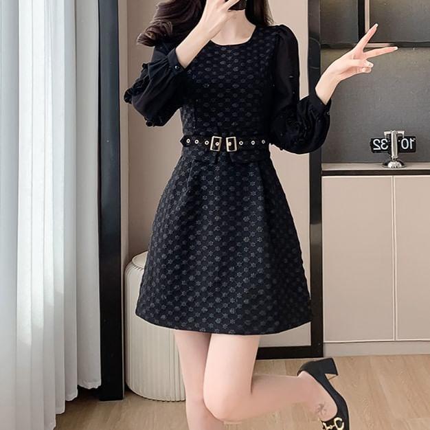 Long-Sleeve Round Neck Floral Mini A-Line Dress Product Image