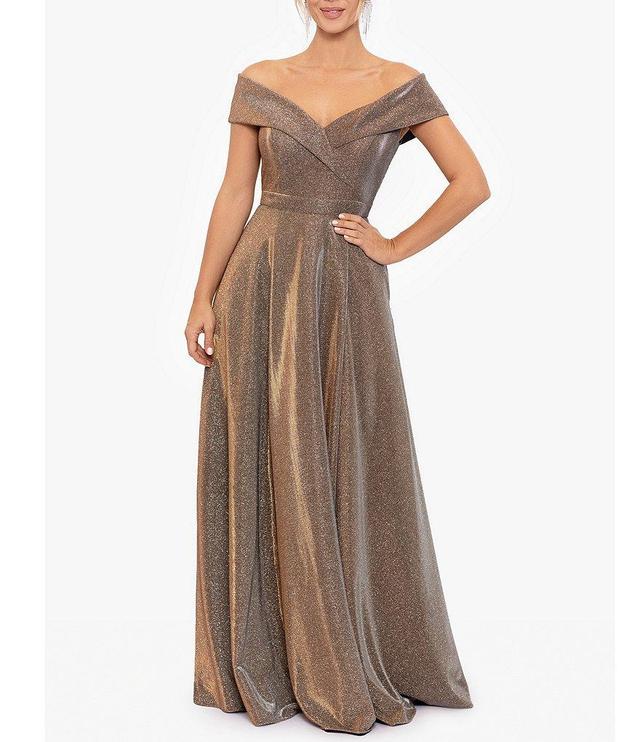 Xscape Glitter Off-The-Shoulder Cap Sleeve Pocketed Gown Product Image