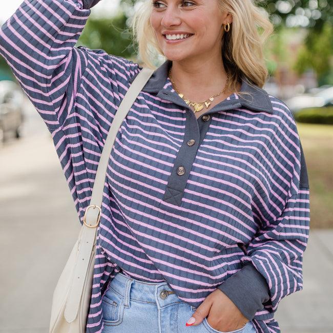 This Is The Life Navy and Pink Striped Collared Henley Oversized Knit Top Product Image