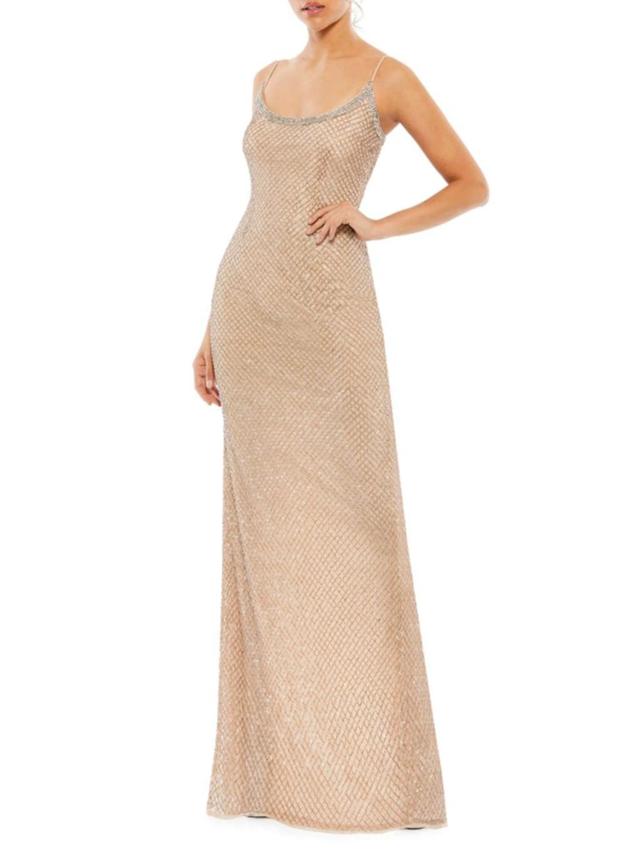 Beaded Spaghetti Strap Column Gown In Beige Product Image