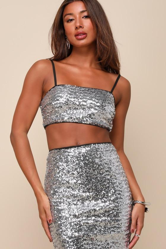 Radiant Celebration Silver Sequin Two-Piece Midi Dress Product Image