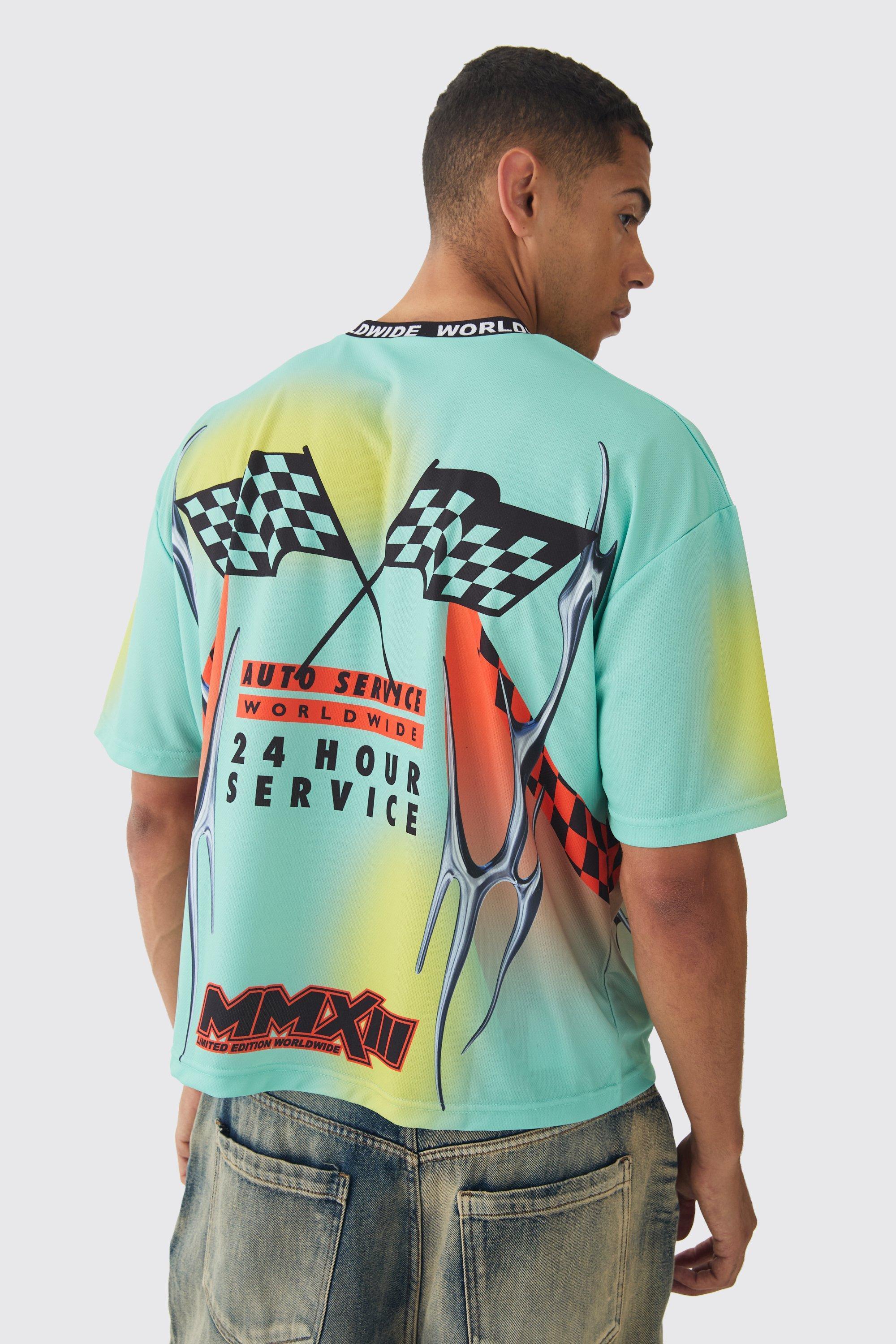 Oversized Boxy Closed Mesh Graffiti Moto Jacquard Neck T-shirt | boohooMAN USA Product Image