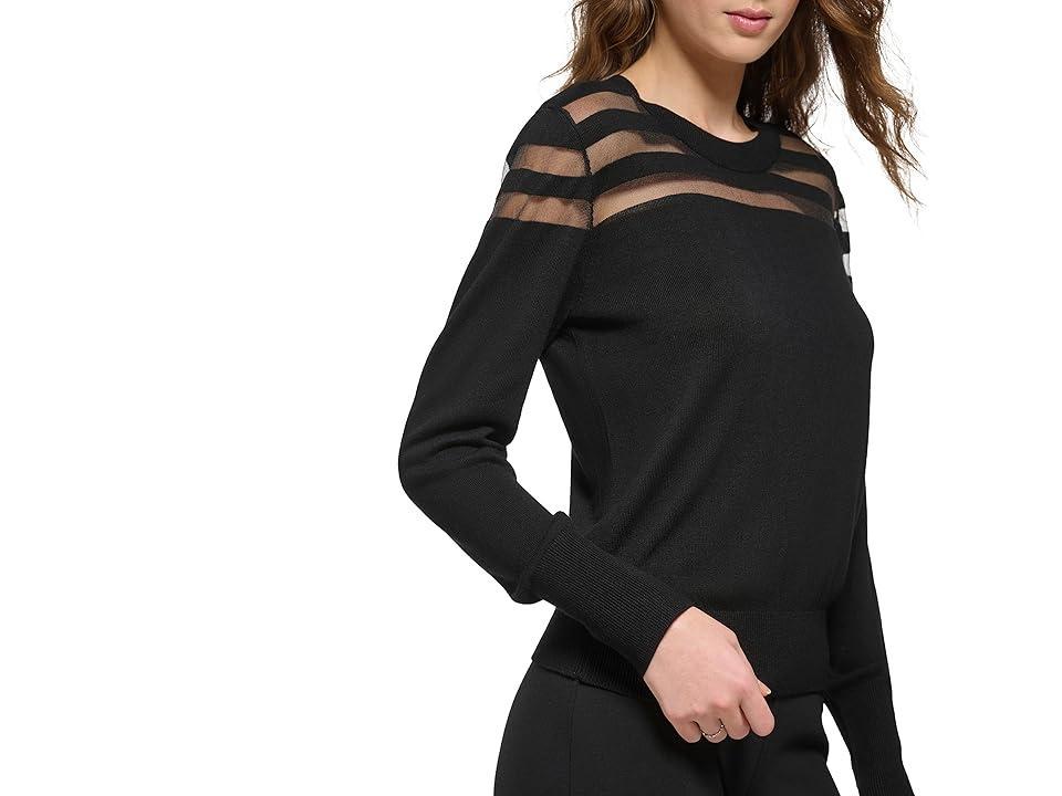 DKNY Long Sleeve Crew Neck Stripe Mesh Yoke Sweater Women's Clothing Product Image