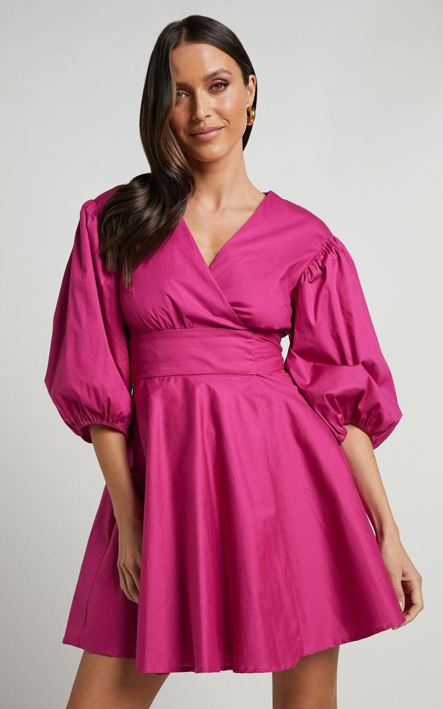 Zyla Mini Dress - Puff Sleeve Wrap Dress in Berry Product Image