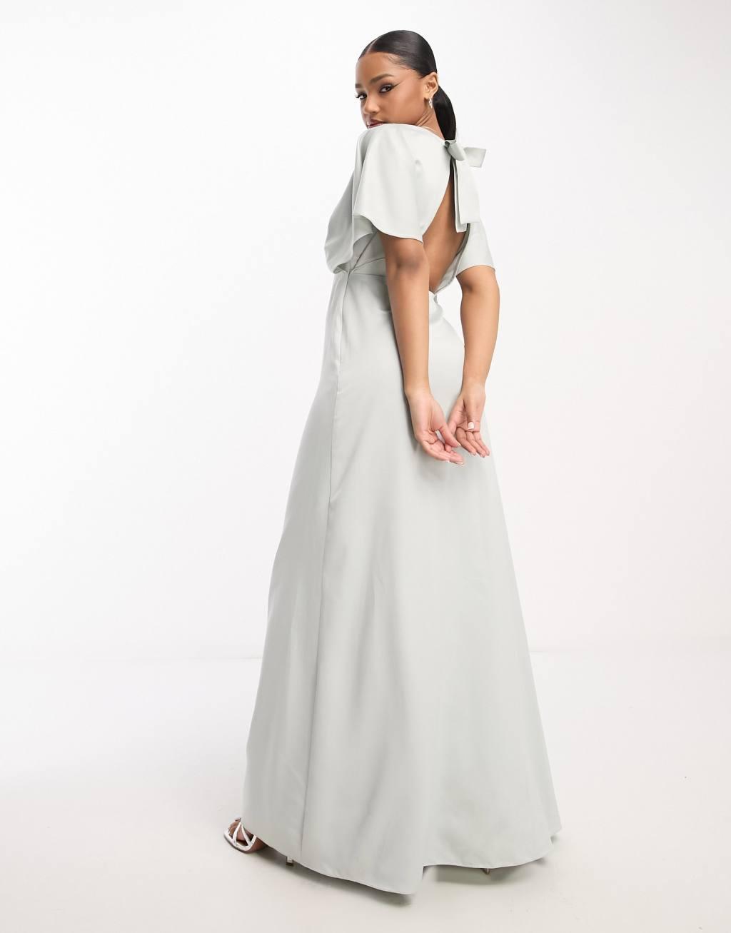 Maya Bridesmaid cape sleeve satin maxi dress in pale gray Product Image