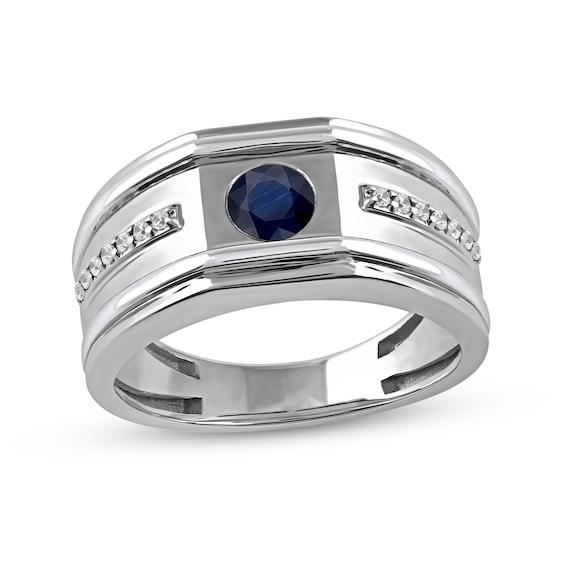 Men's 5.0mm Blue Sapphire and 1/8 CT. T.w. Diamond Side Accent Flat-Top Grooved Band in 10K White Gold Product Image