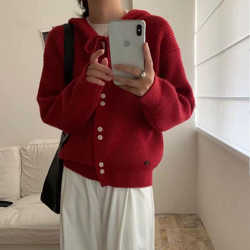 Plain Hooded Ribbed Cardigan Product Image