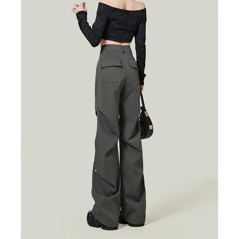 High Rise Plain Loose-Fit Wide-Leg Cargo Pants Product Image