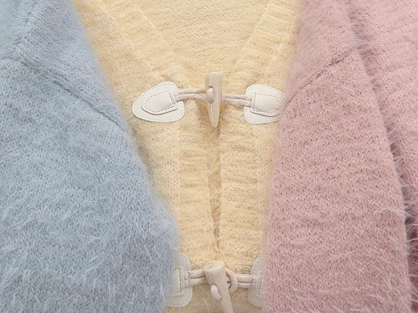 Long Sleeve V-Neck Toggle Button Fluffy Cardigan Product Image