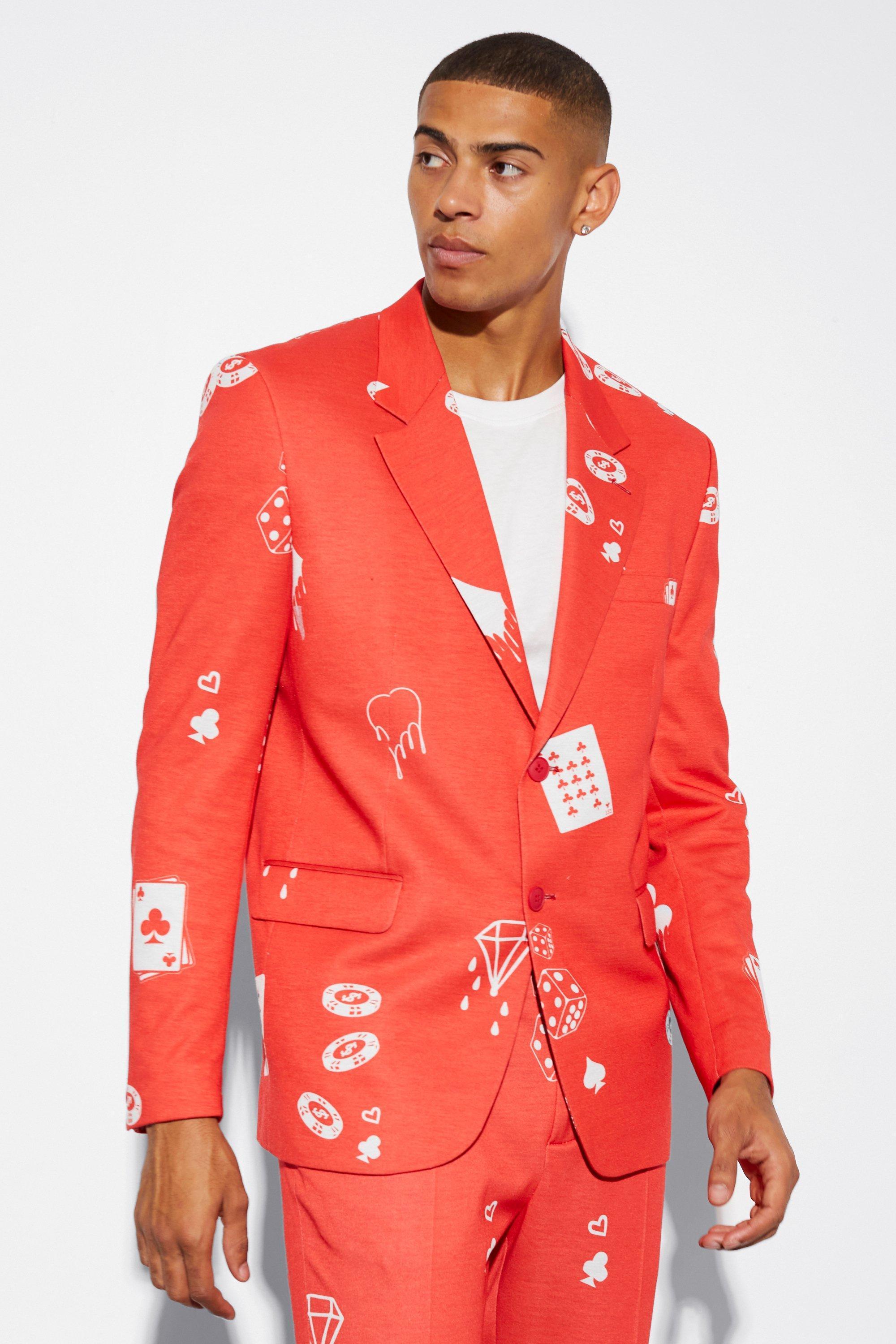 Oversized Boxy Card Print Suit Jacket | boohooMAN USA Product Image