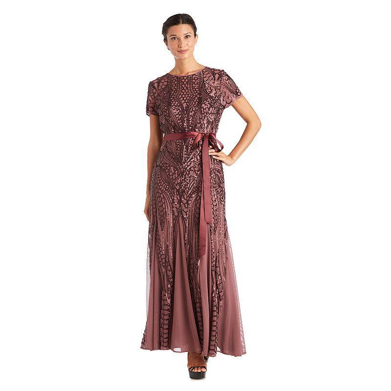 Womens R&M Richards Embroidered Sequined Dress Dark Pink Product Image