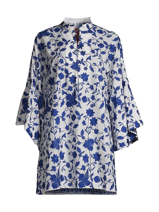 Womens Floral Embroidered Cotton Long-Sleeve Mini Caftan Product Image