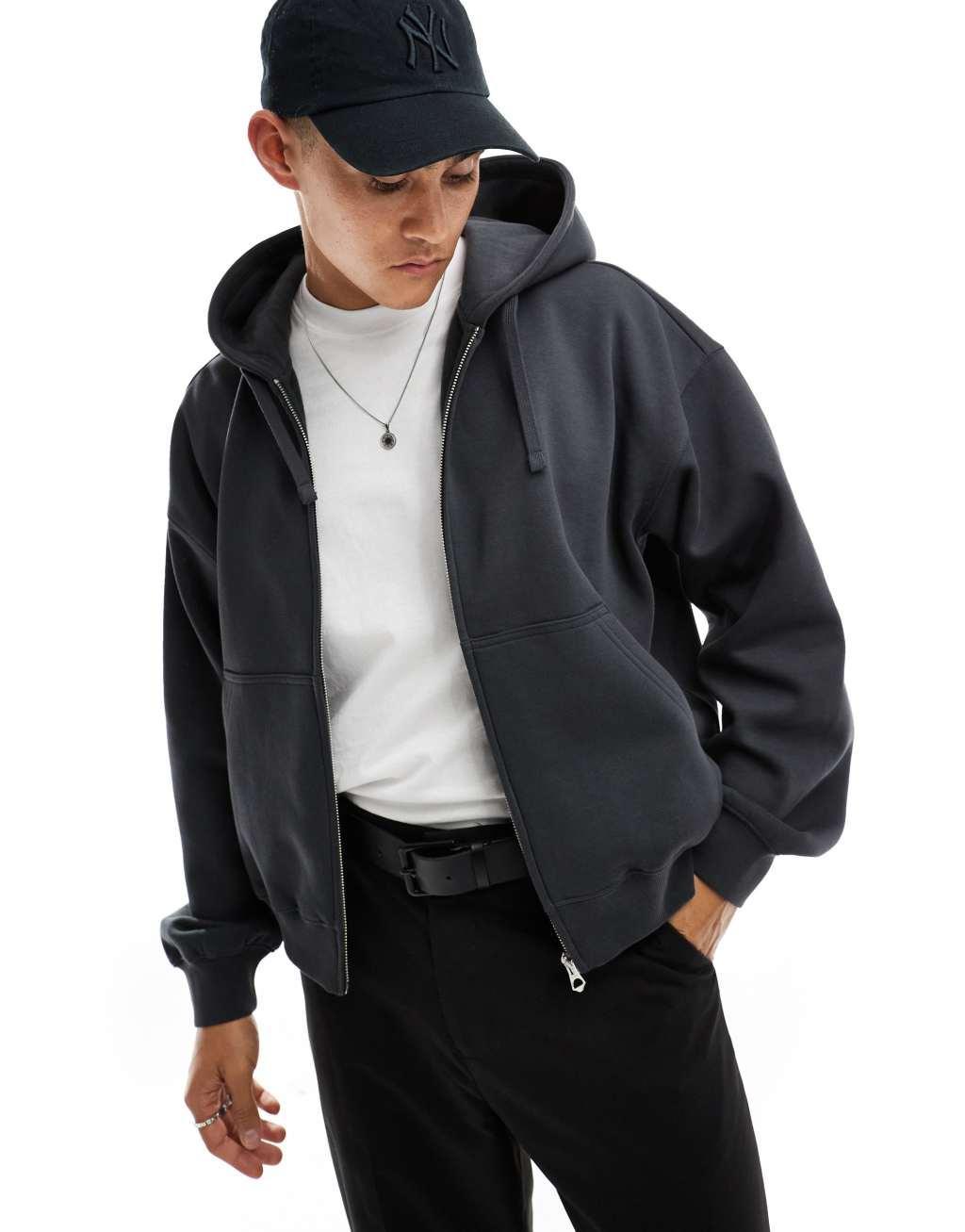 Weekday boxy fit zip up hoodie in off-black product image