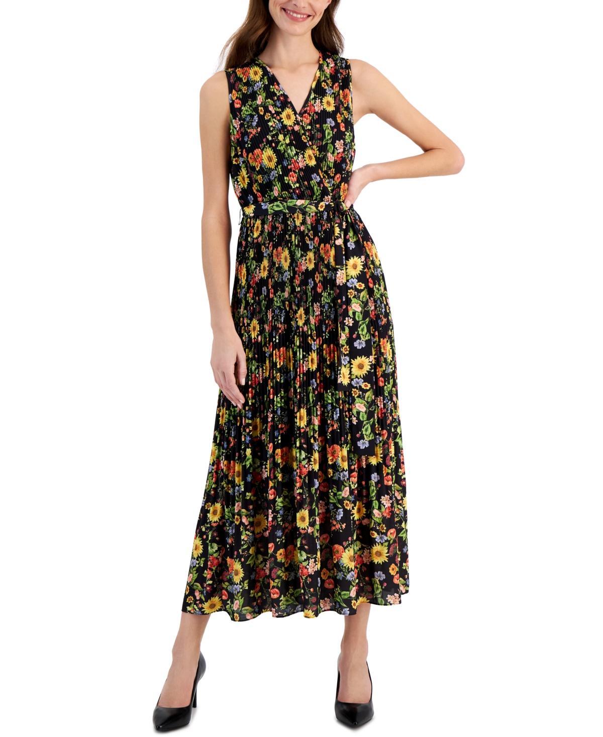 T Tahari Womens Printed Faux-Wrap Sleeveless Pleated Fit & Flare Midi Dress Product Image