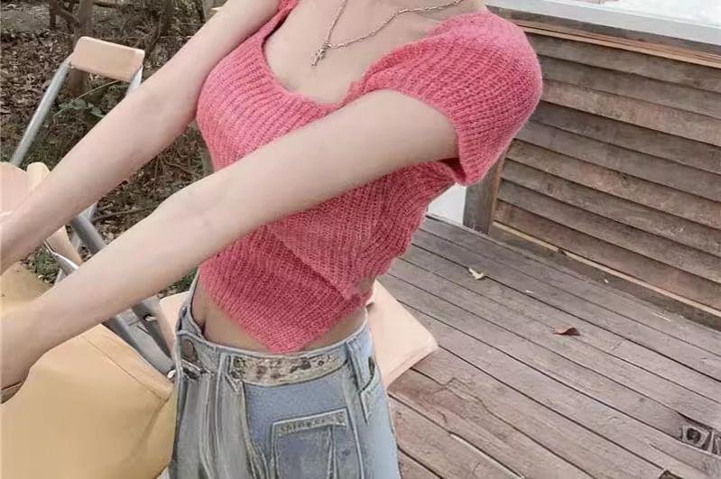 Cap-Sleeve Square Neck Tie Back Crop Knit Top Product Image