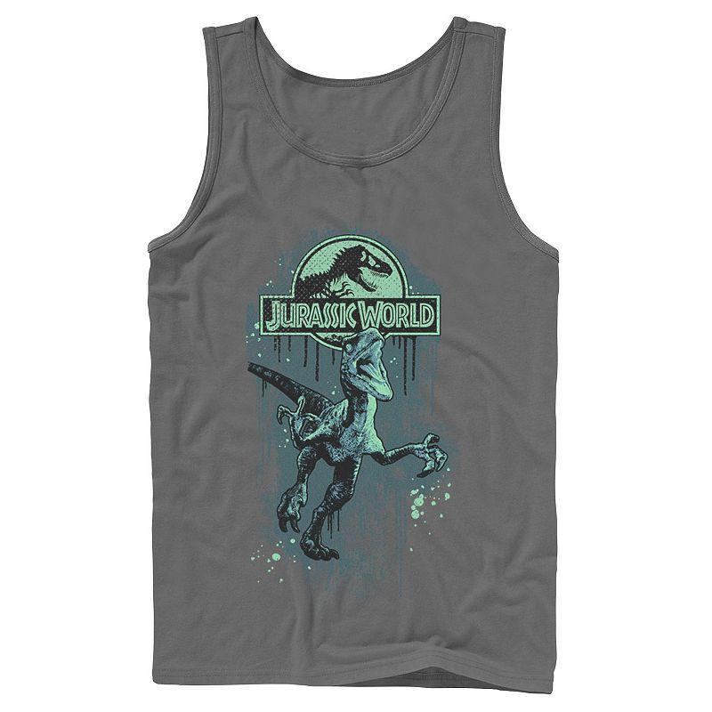 Mens Jurassic World Raptor Paint Splatter Title Logo Graphic Tank Top Grey Product Image