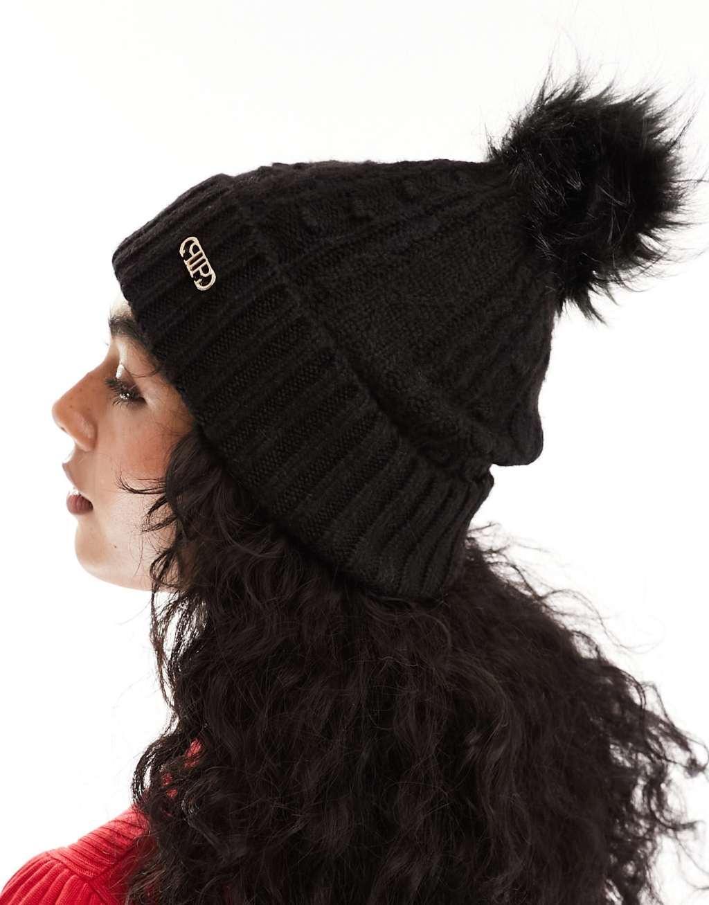 River Island cable knit pom beanie in black Product Image