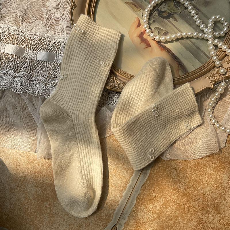 Bow Faux Pearl Ribbed Socks Product Image