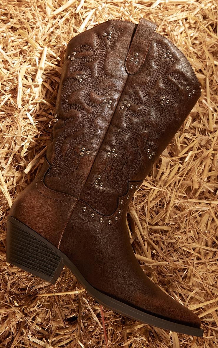 Brown Grain PU Point Toe Stud Detail Knee Calf High Western Boots Product Image