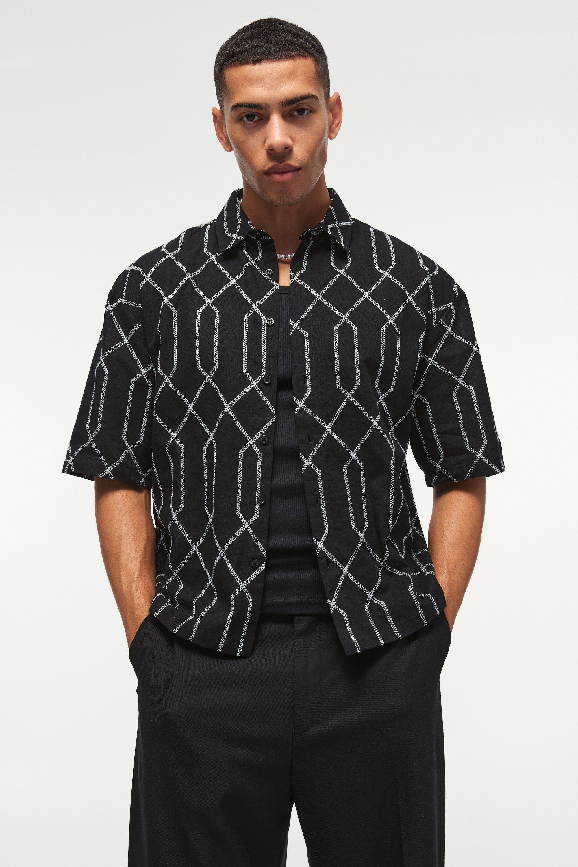 Oversized Short Sleeve Embroidered Boxy Shirt | boohooMAN USA Product Image