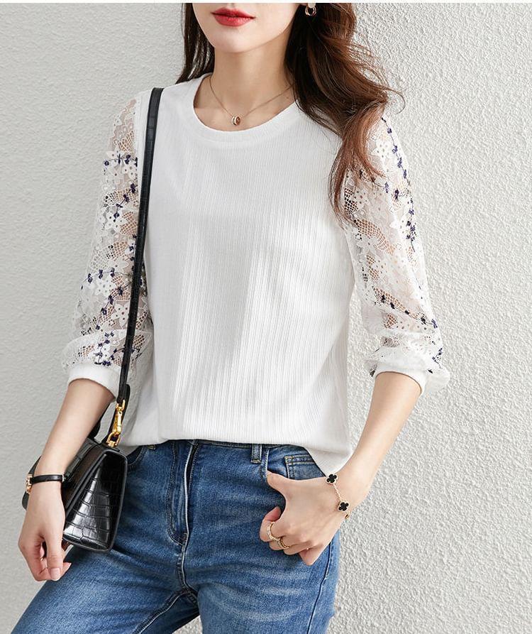 Long-Sleeve Crewneck Lace Top Product Image